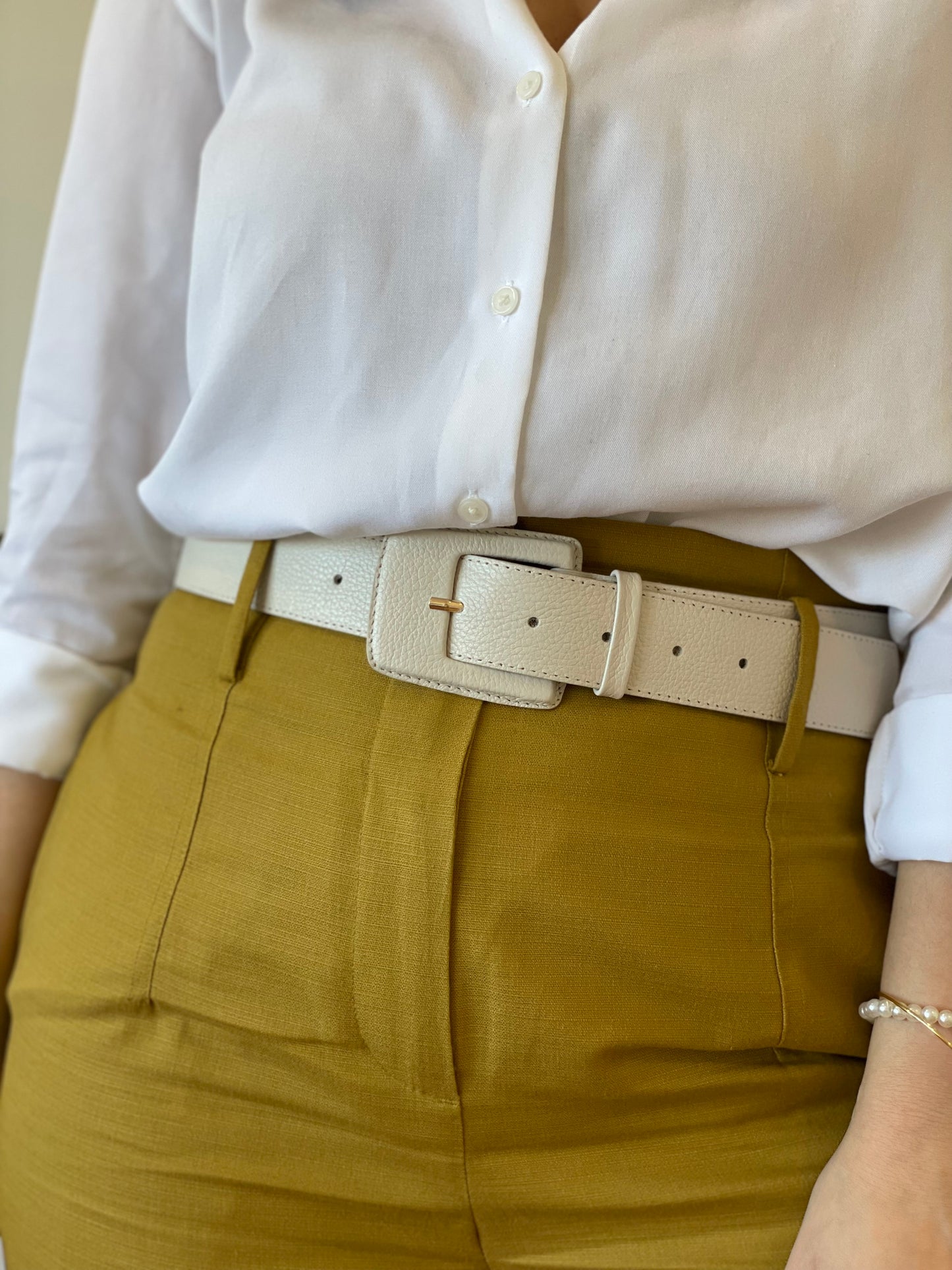 Off White Genuine Leather Belt-  Rectangular Buckle