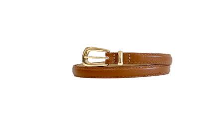 Tan Genuine Leather Belt - Slim Gold Metal Buckle