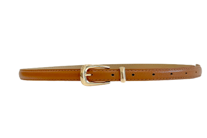 Tan Genuine Leather Belt - Slim Gold Metal Buckle