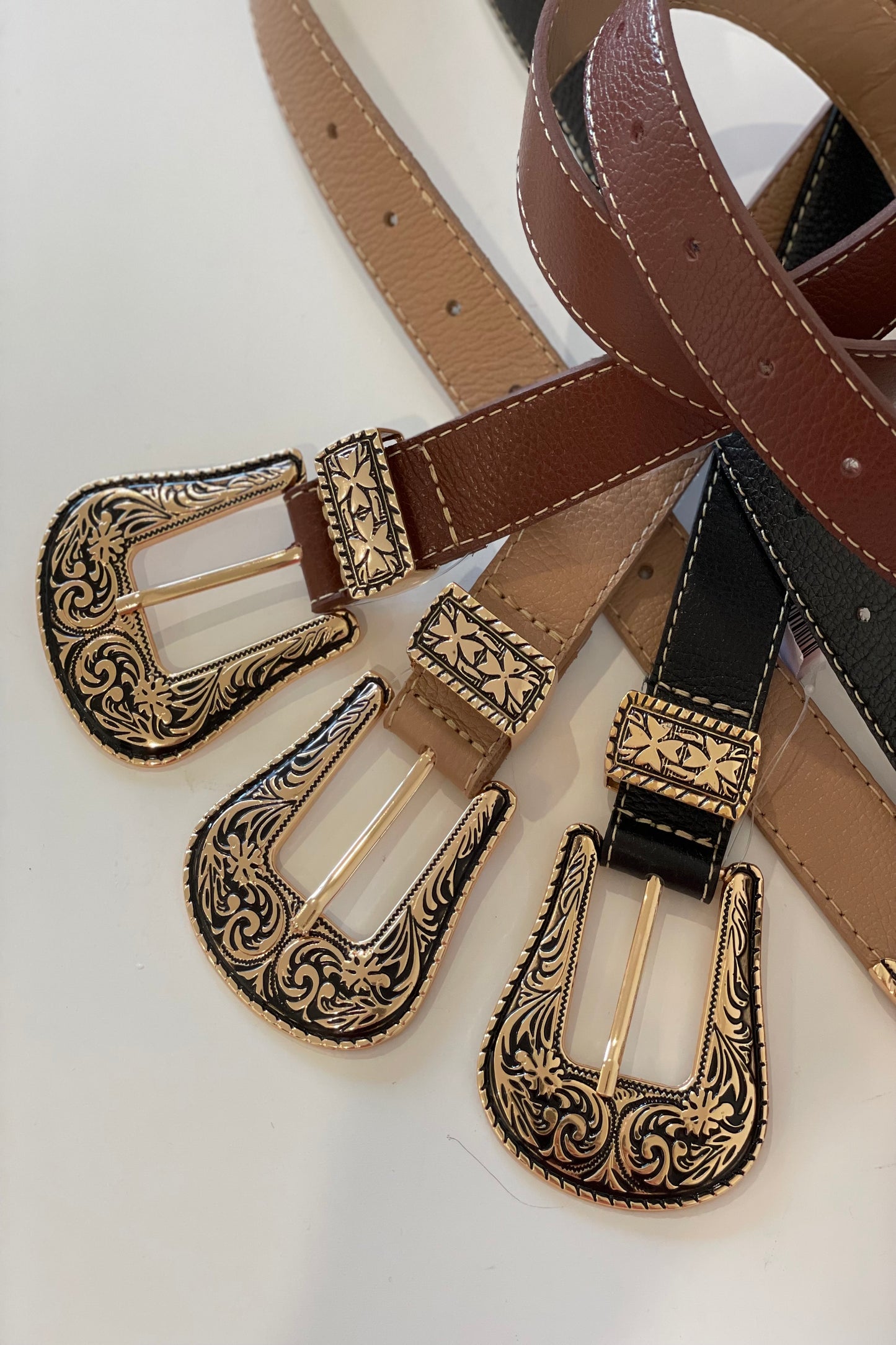 Black Western Leather Belts with Gold Buckle Details