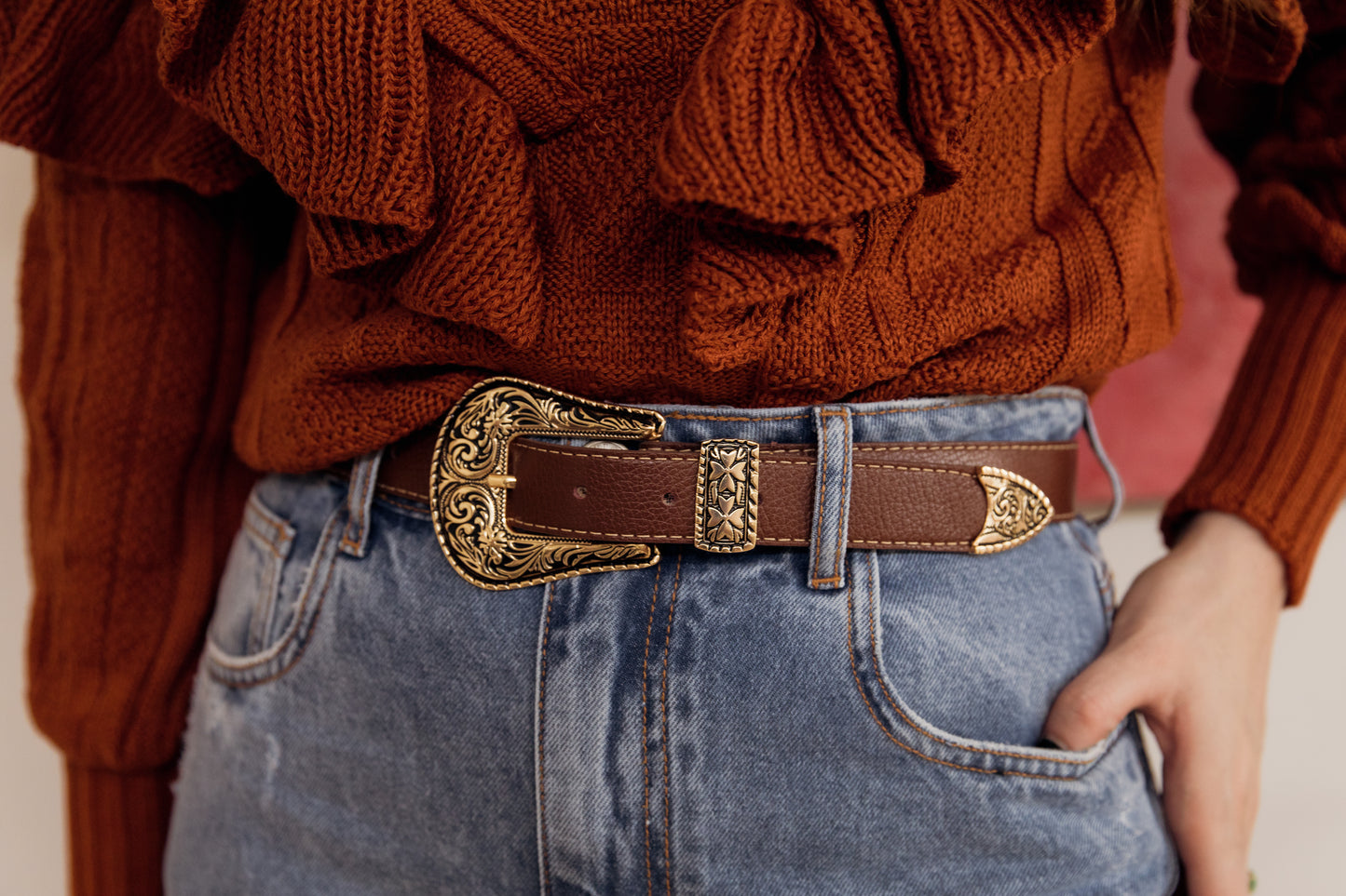 Coffee Western Leather Belt with Gold Buckle Details