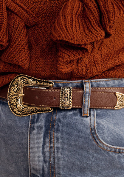 Coffee Leather with Gold Buckle Details - Western Belt