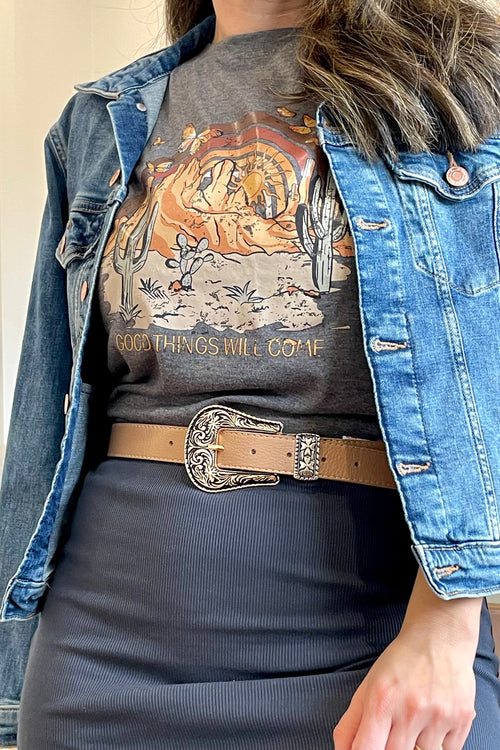 Beige Leather with Gold Buckle Details - Western Belt