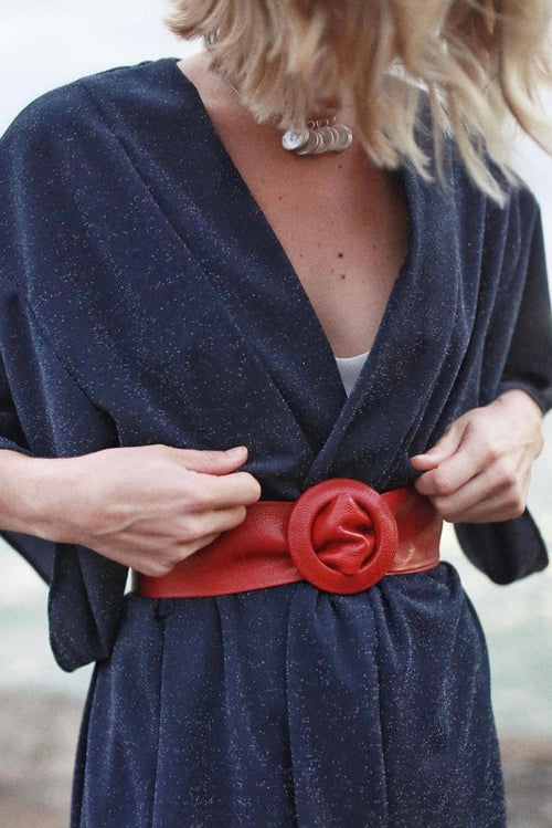Red Covered Genuine Leather - Round Buckle Belt
