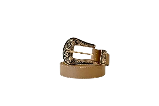 Beige Western Leather Belt with Gold Buckle Details