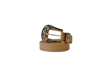 Beige Leather with Gold Buckle Details - Western Belt