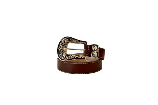 Coffee Western Leather Belt with Gold Buckle Details