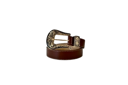 Coffee Leather with Gold Buckle Details - Western Belt