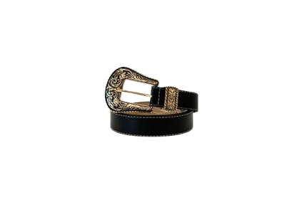 Black Leather With Gold Buckle Details - Western Belts