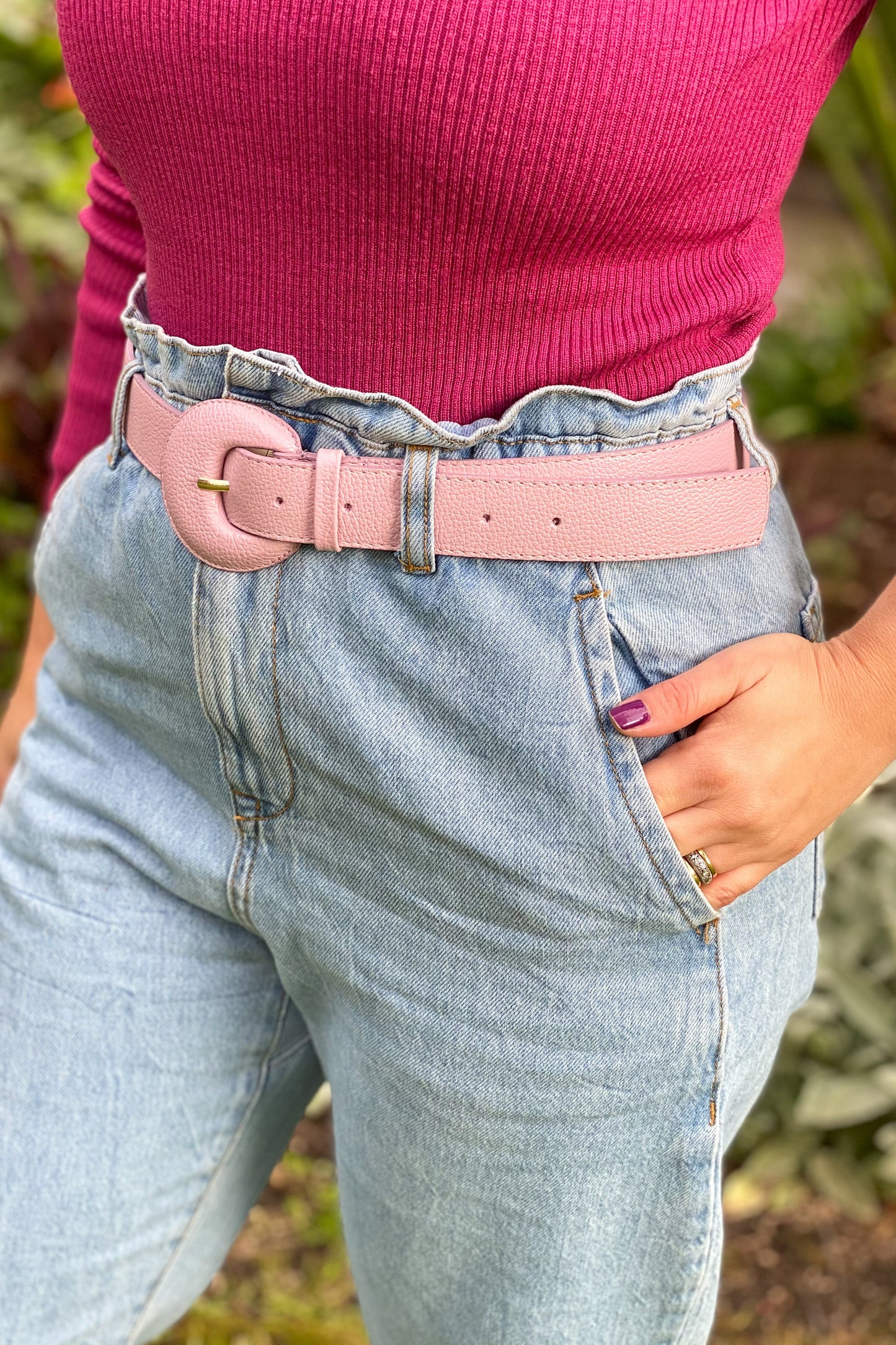 Pastel Pink Genuine Leather Belt - Arch Buckle