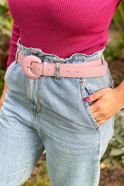 Pastel Pink Genuine Leather Belt - Arch Buckle