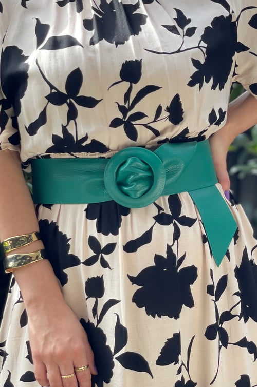 Light Sea Green Covered Genuine Leather - Round Buckle Belt