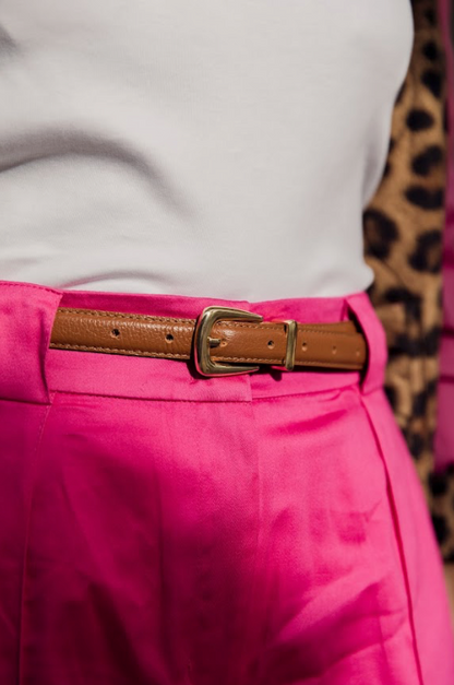 Tan Genuine Leather Belt - Slim Gold Metal Buckle