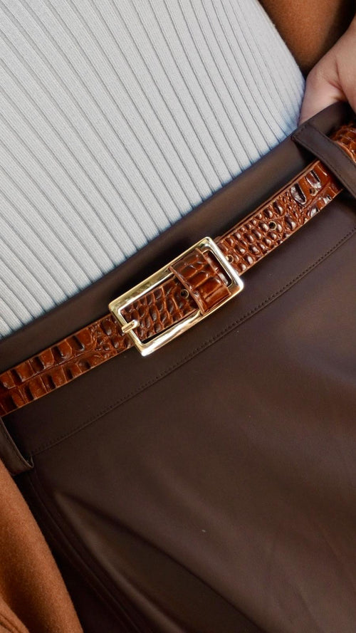 Dark Brown Slim Gold Belt with Rectangular Buckle - Croc Effect