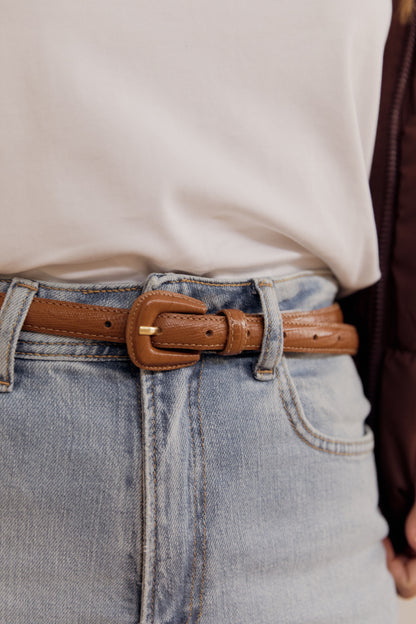 Tan Slim Genuine Leather Belt - Croc Effect