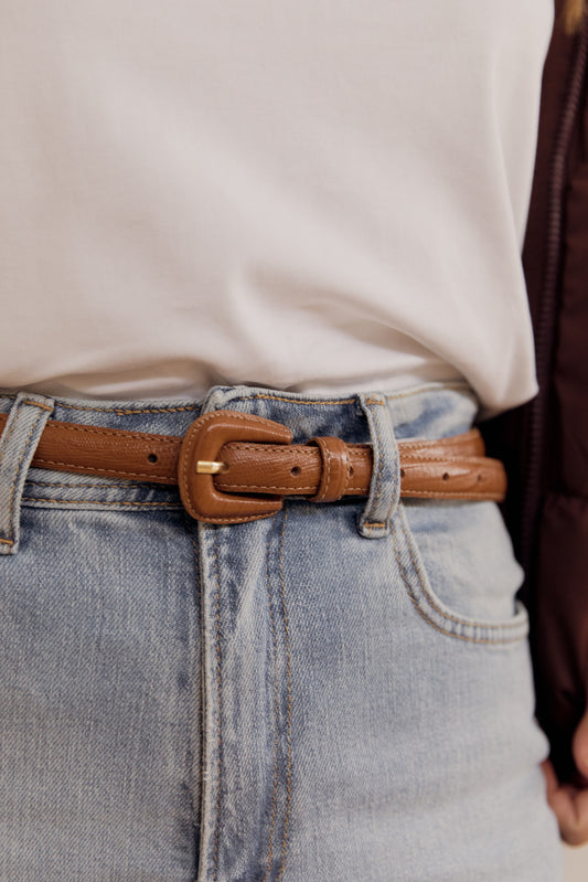 Tan Slim Genuine Leather Belt - Croc Effect