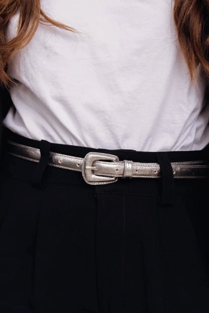 Dark Silver Slim Genuine Leather Belt - Croc Effect