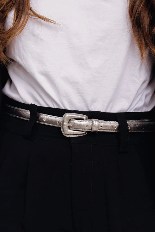 Dark Silver Slim Genuine Leather Belt - Croc Effect