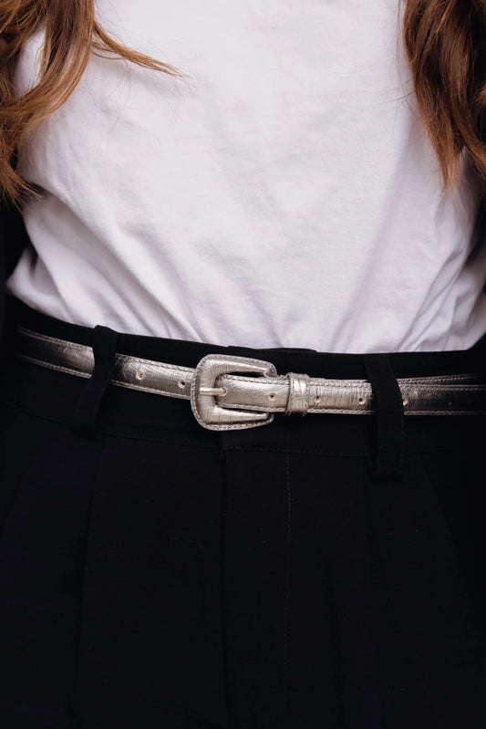 Dark Silver Slim Genuine Leather Belt - Croc Effect