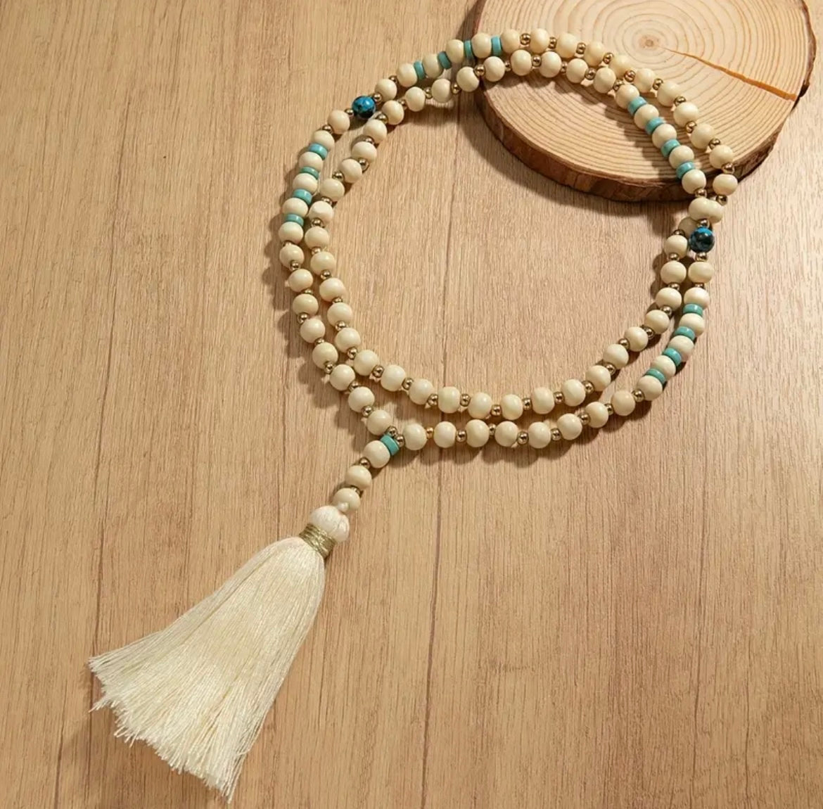 Boho Chic Cream Beaded Wooden Necklace with Turquoise & Gold Accents