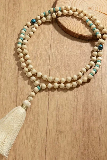 Boho Chic Cream Beaded Wooden Necklace with Turquoise & Gold Accents