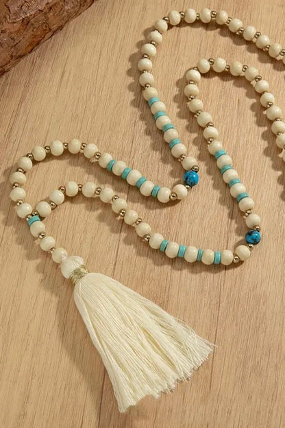 Boho Chic Cream Beaded Wooden Necklace with Turquoise & Gold Accents
