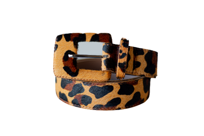 Leopard / Animal Print Genuine Leather Belt - Rectangular Buckle