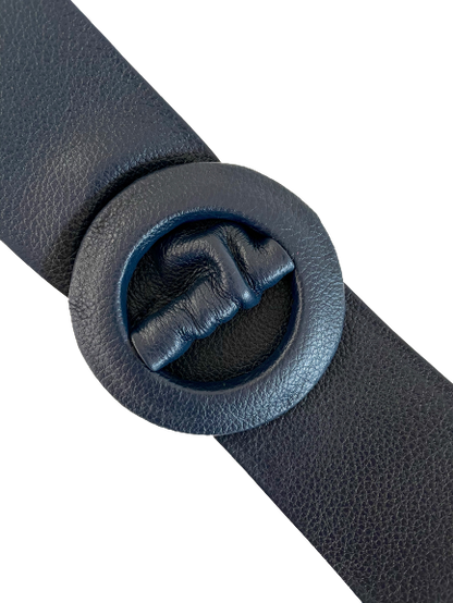 Navy Covered Genuine Leather - Round Buckle Belt