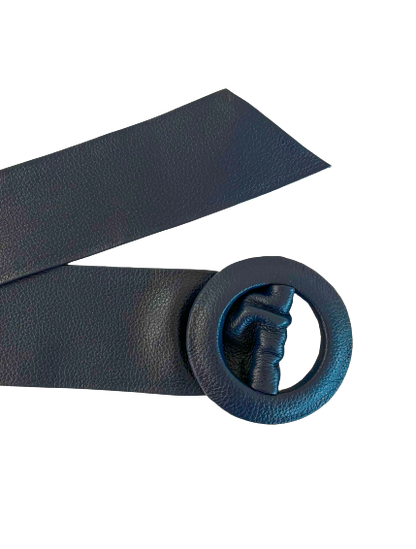 Navy Covered Genuine Leather - Round Buckle Belt