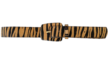 Tiger / Animal Print Genuine Leather Belt - Rectangular Buckle