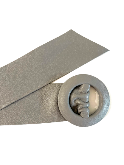 Grey Covered Genuine Leather - Round Buckle Belt