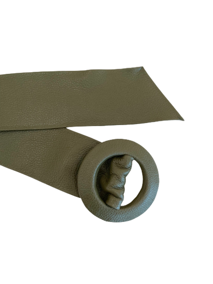 Dark Khaki Green Covered Genuine Leather  - Round Buckle Belt