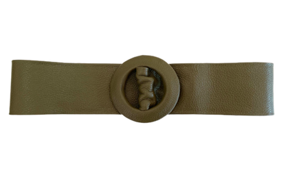 Dark Khaki Green Covered Genuine Leather  - Round Buckle Belt