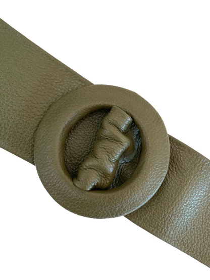 Dark Khaki Green Covered Genuine Leather  - Round Buckle Belt