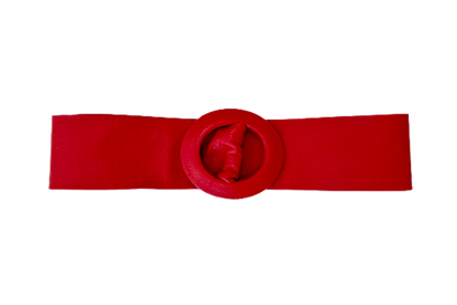 Red Covered Genuine Leather - Round Buckle Belt