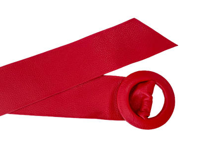 Red Covered Genuine Leather - Round Buckle Belt