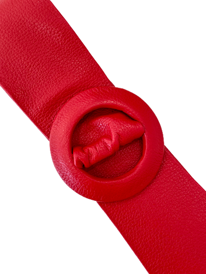 Red Covered Genuine Leather - Round Buckle Belt